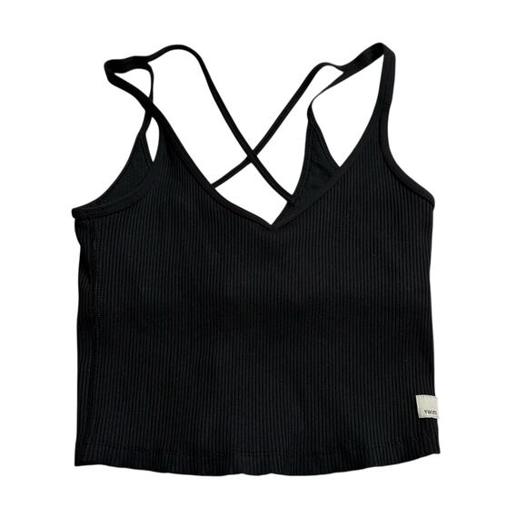 VUORI Black Ribbed Knit V-Neck Strappy Tank Top Women's Size Small Rib Crop Tank - Picture 1 of 7